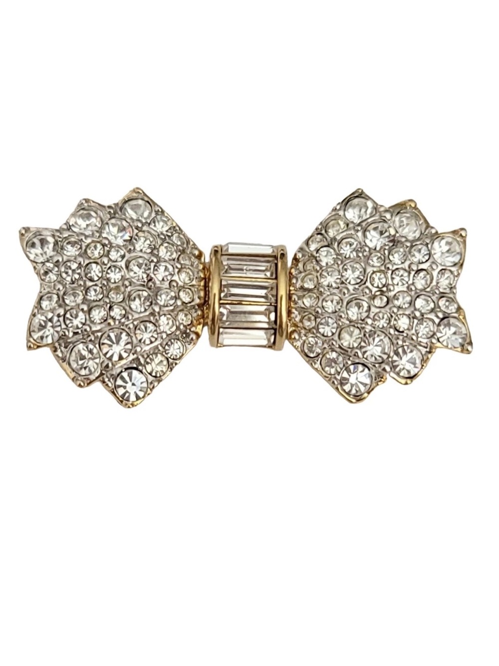 Swarovski Swan Logo Gold Tone Clear Baguette and Round Crystal Pave Bow Pin👝